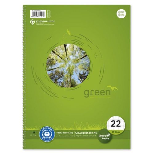 Spirálfüzet Ursus Green Collegeblock, A/4, kockás, 80 lap, 100% újrahasznosított