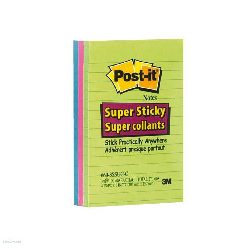 Post-it Super Sticky öntapadós jegyzettömb, szivárványcsomag 102×152 mm, 660-3SSUC, 90 lap/3 tömb, vonalazott, ultra színek