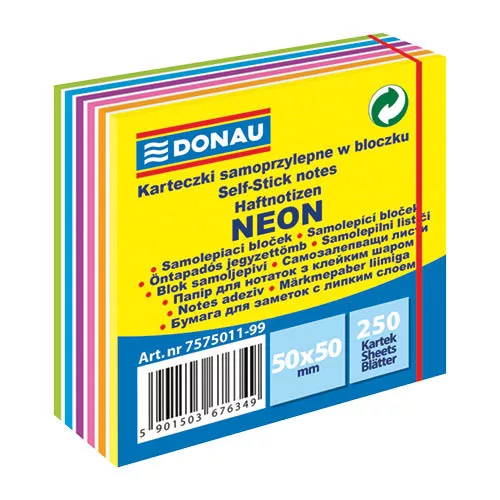 Öntapadós jegyzettömb, 50 x 50 mm, 250 lap, Donau, neon-pasztell