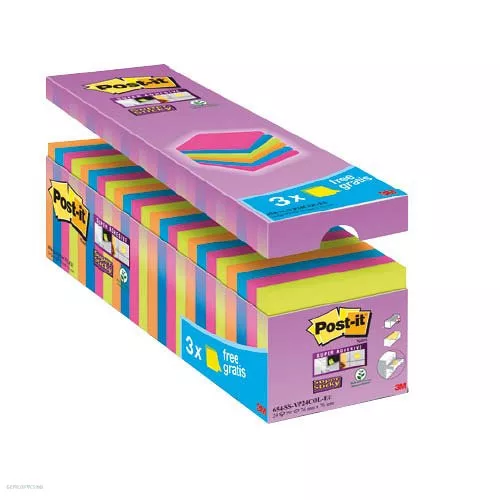 Post-it Super Sticky öntapadós jegyzettömb, 76x76 mm, 90 lap, 24 tömb 654- P24SSCOL-EU