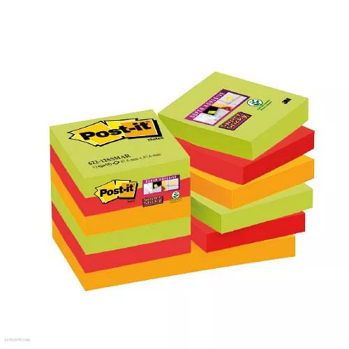 Post-it Super Sticky öntapadós jegyzettömb, szivárványcsomag 48 × 48 mm, 90 lap, 12 tömb, Marrakesh, 622-12SS-MAR