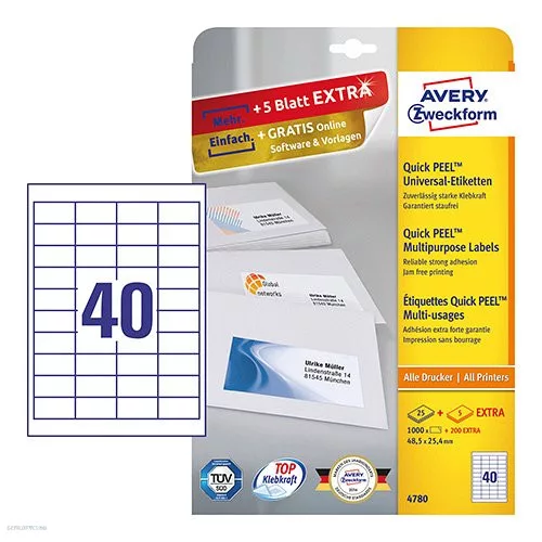 Etikett címke univerzális 4780 fehér QuickPEEL 48,5 x 25,4 mm 25 ív Avery