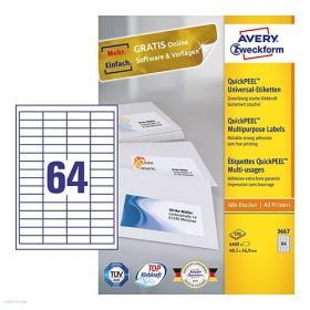   Etikett címke univerzális 3667 fehér QuickPEEL 48,5 x 16,9 mm 100 ív Avery