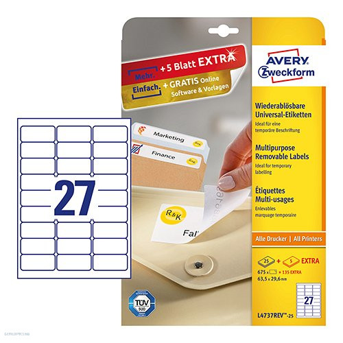 Etikett címke speciális L4737REV-25 visszaszedhető 63,5 x 29,6 mm 25 ív Avery