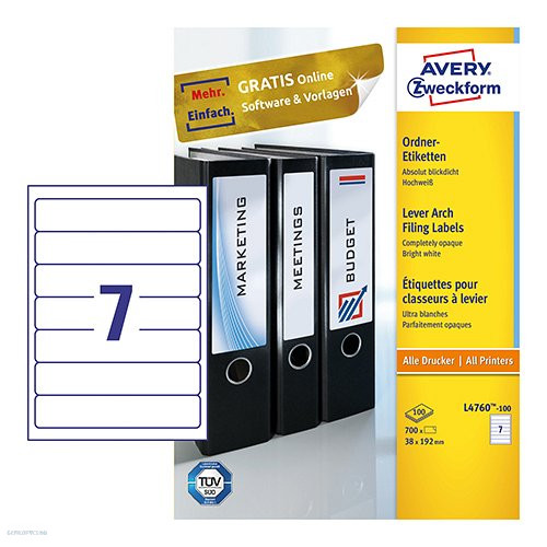 Etikett címke Iratrendező L4760-100 fehér 192 x 38 mm 100 ív Avery