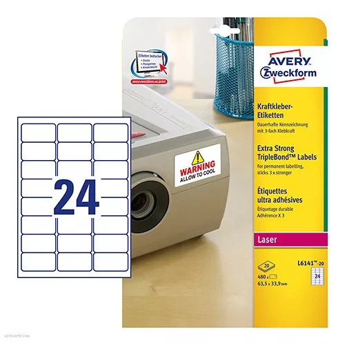 Etikett címke speciális L6141-20 3x erősebb tapadás 63,5 x 33,9 mm 20 ív Avery