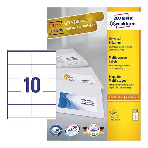 Etikett címke, univerzális, fehér, 105 x 57 mm, 3425 Avery