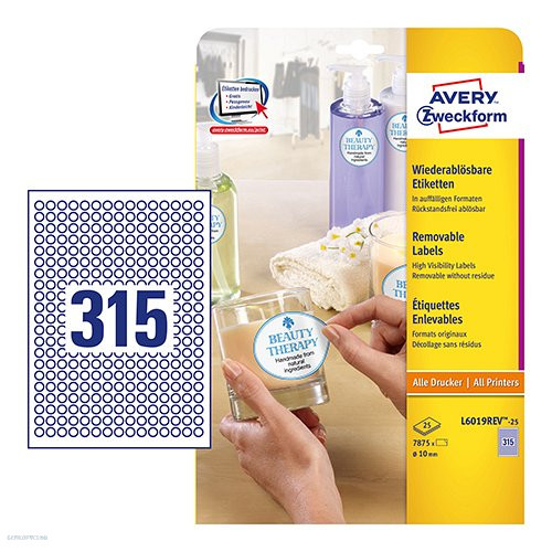 Etikett címke speciális L6019REV-25 visszaszedhető mini kör 10 mm 25 ív Avery
