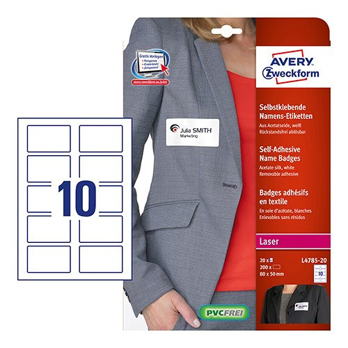 Etikett címke, speciális, visszaszedhető, textil, 80 x 50 mm, 20 ív, fehér, L4785-20 Avery