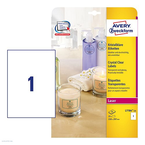 Etikett címke speciális L7784-25 víztiszta átlátszó lézer/színes lézer 210 x 297 mm Avery