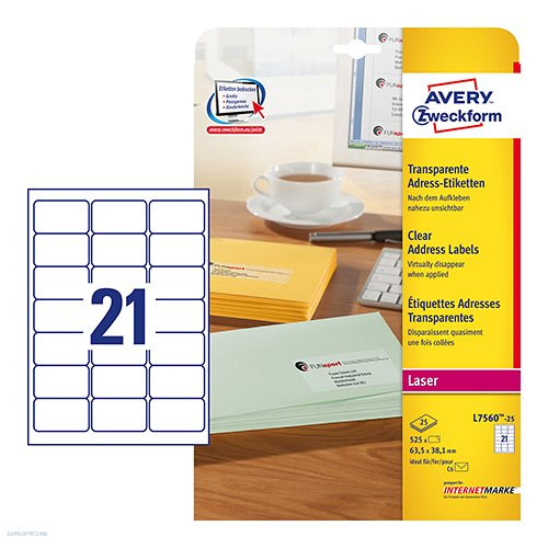 Etikett címke címzés L7560-25 QuickPEEL átlátszó poliészter C6 borítékra 63,5 x 38,1 mm