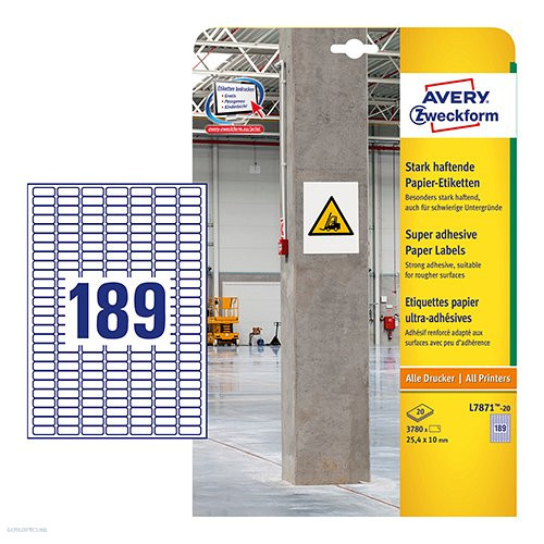 Etikett címke szuper tapadású fehér L7871-20, 25,4 x 10 mm Avery