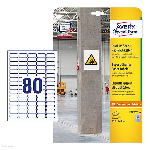 Etikett címke szuper tapadású - L7872-20 fehér 35,6 x 16,9 mm Avery