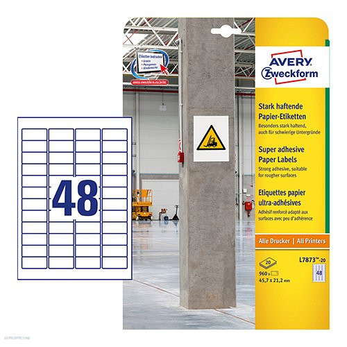 Etikett címke szuper tapadású L7873-20 fehér 45,7 x 21,2 mm Avery