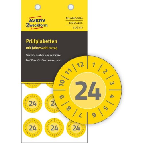 Etikett címke eltávolíthatatlan plakettek NoPeelTM 2024 év-hónapokkal 20 mm 6945 Avery sárga