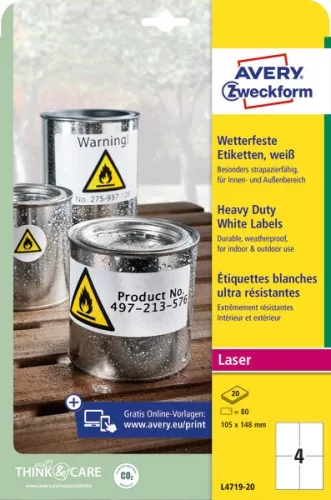 Etikett címke speciális időjárásálló poliészter 105x148mm 20ív Avery fehér