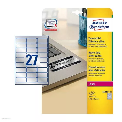 Etikett címke speciális L6011-100 ipari ezüst poliészter 63,5 x 29,6 mm 100 ív Avery