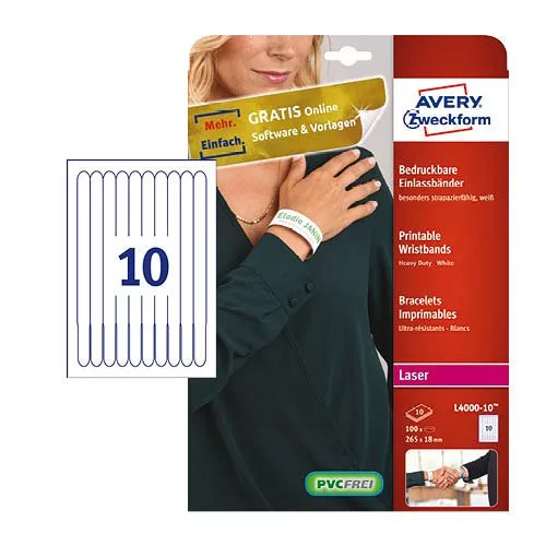 Etikett nyomtatható karszalag 265x18mmAvery 100db/dob fehér