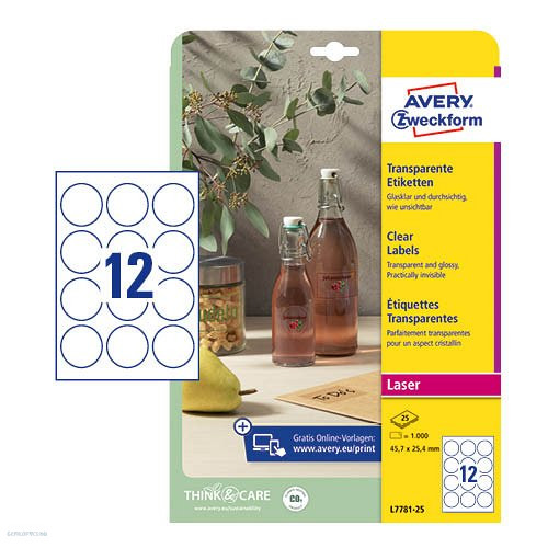 Etikett címke speciális L7787-25 víztiszta átlátszó kör 60mm 25ív Avery
