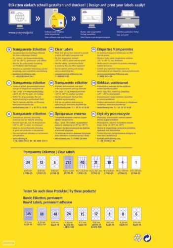 Etikett címke speciális L7787-25 víztiszta átlátszó kör 60mm 25ív Avery