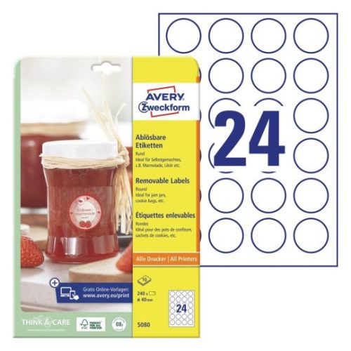 Etikett címke univerzális 5080 visszaszedhető fehér kör 40mm 10ív Avery