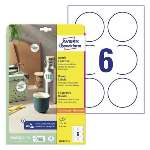Etikett címke univerzális 6229REV-10 visszaszedhető fehér kör 80mm 10ív Avery