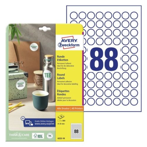 Etikett címke univerzális 6222-10 fehér körcímke 20mm 10 ív Avery