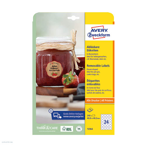 Etikett címe univerzális 5084 visszaszedhető virág formájú fehér 40mm 10ív Avery