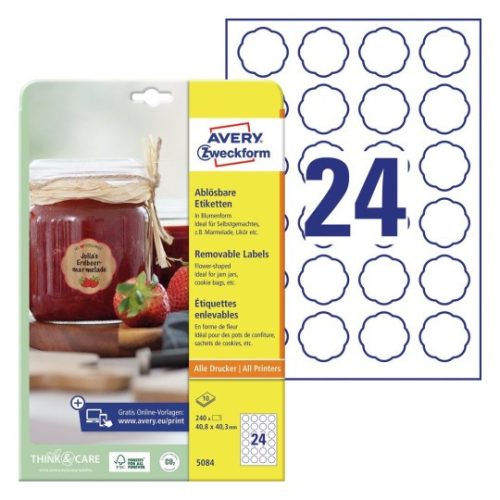 Etikett címe univerzális 5084 visszaszedhető virág formájú fehér 40mm 10ív Avery