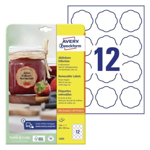 Etikett címe univerzális 5085 visszaszedhető virág formájú fehér 60mm 10ív Avery