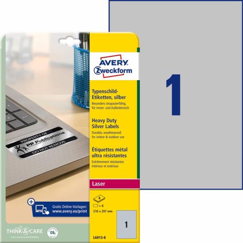 Etikett címke speciális L6013-8 ipari ezüst poliészter 210x297mm 8ív Avery