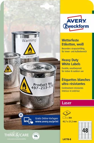 Etikett címke speciális L4778-8 időjárásálló poliészter 45,7 x 21,2mm 8ív Avery fehér fehér