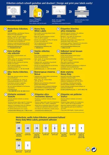 Etikett címke speciális L4775-8 időjárásálló poliészter 210 x 297mm 8ív fehér Avery fehér