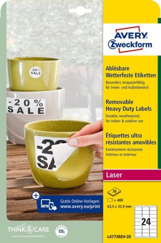 Etikett címke speciális L4773REV-20 visszaszedhető időjárásálló poliészter 63,5x33,9mm 20ív fehér Av fehér