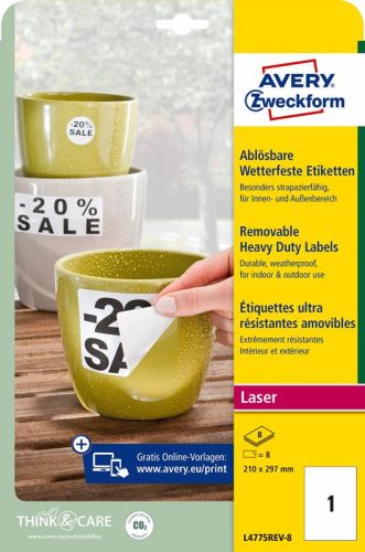 Etikett címke speciális L4775REV-8 visszaszedhető időjárásálló poliészter 210x297mm 8ív fehér Avery fehér