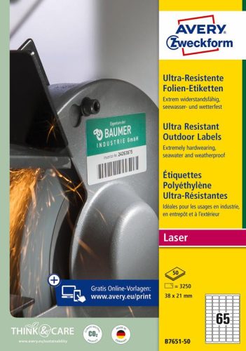 Etikett címke B7651-50 ultra ellenálló 38x21mm 50ív fehér Avery fehér