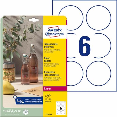 Etikett címke speciális L7788-25 víztiszta átlátszó ø 80mm 25ív Avery
