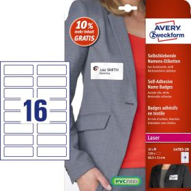   Etikett címke, visszaszedhető, nyomtatható, textil, 88,9 x 31 mm, fehér, L4783-20 Avery