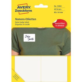   Etikett címke, visszaszedhető, textil, 80 x 54 mm, fehér, 51063 Avery