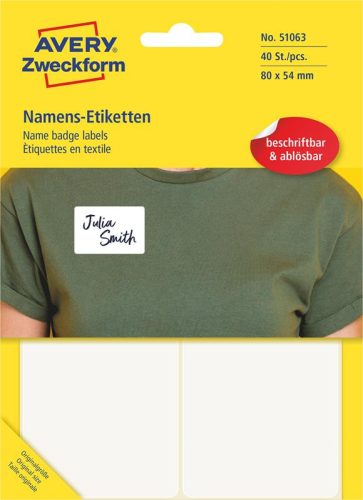 Etikett címke, visszaszedhető, textil, 80 x 54 mm, fehér, 51063 Avery