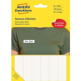   Etikett címke, visszaszedhető, textil, 76 x 19 mm, fehér, 51064 Avery