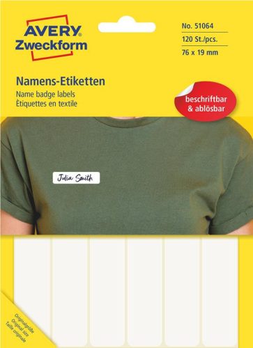 Etikett címke, visszaszedhető, textil, 76 x 19 mm, fehér, 51064 Avery