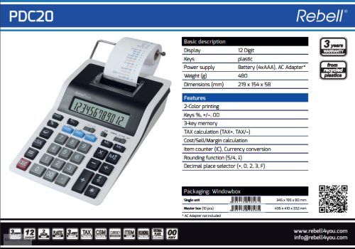 Számológép Rebell PDC20 szalagos