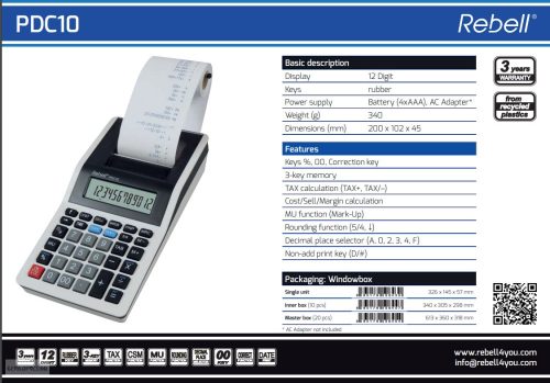 Számológép Rebell PDC10 szalagos