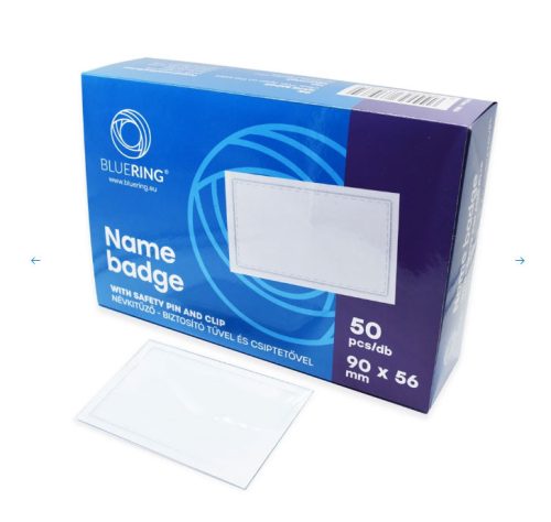 Névkitűző 90x56mm, biztosító tűvel és csiptetővel Bluering, 50db/cs
