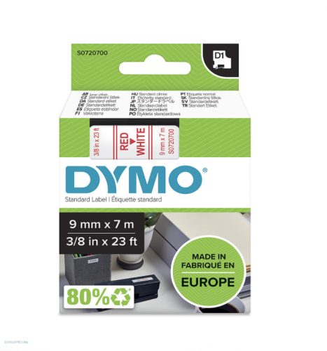 Betűnyomó kazetta gépi 9mmx7m Dymo piros-fehér 40915