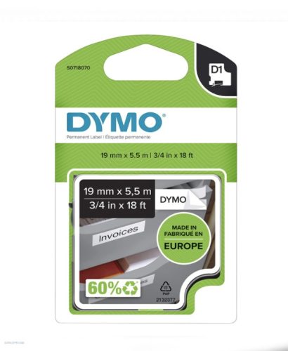 Betűnyomó kazetta gépi 19mmx5.5m Dymo poliészter fekete-fehér