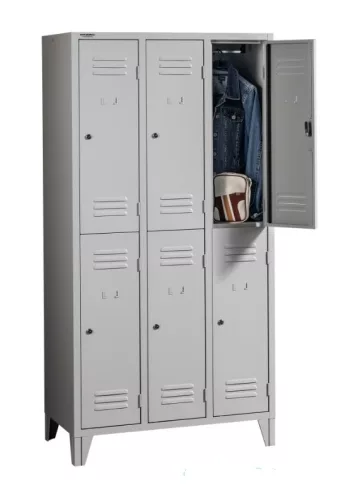 Fém öltözőszekrény, osztott, 6 ajtós, lábakon álló