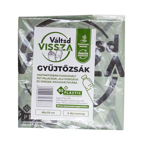 Gyűjtőzsák visszaváltható palackokhoz, 400 x 700 mm, redőzés 2 x 100 mm, 30 mikron vastagság