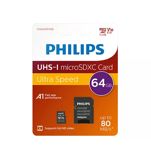 Memóriakártya Philips Micro SDHC, 64GB, Class 10 + adapter